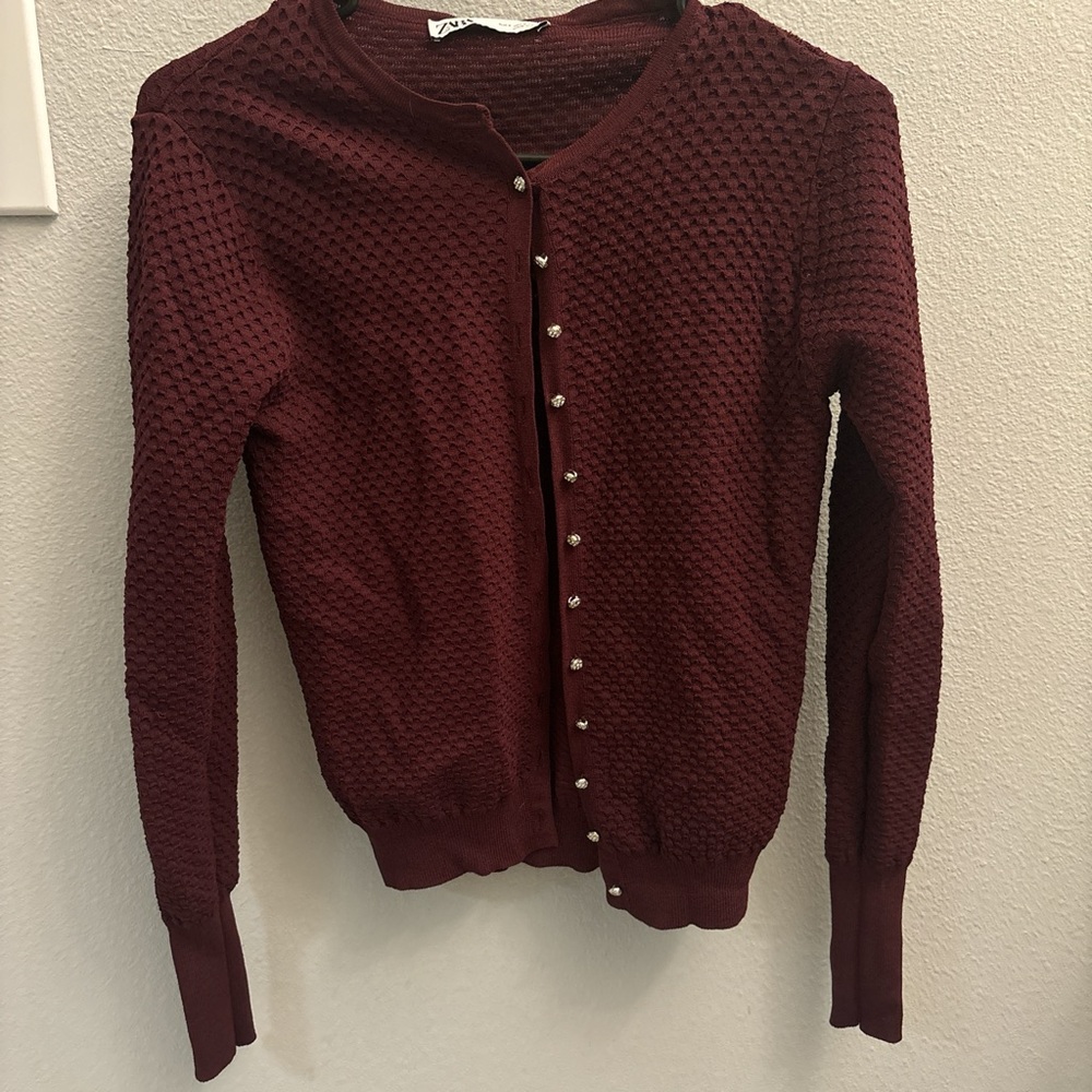 Zara maroon knit cardigan sweater with silver rhinestone buttons